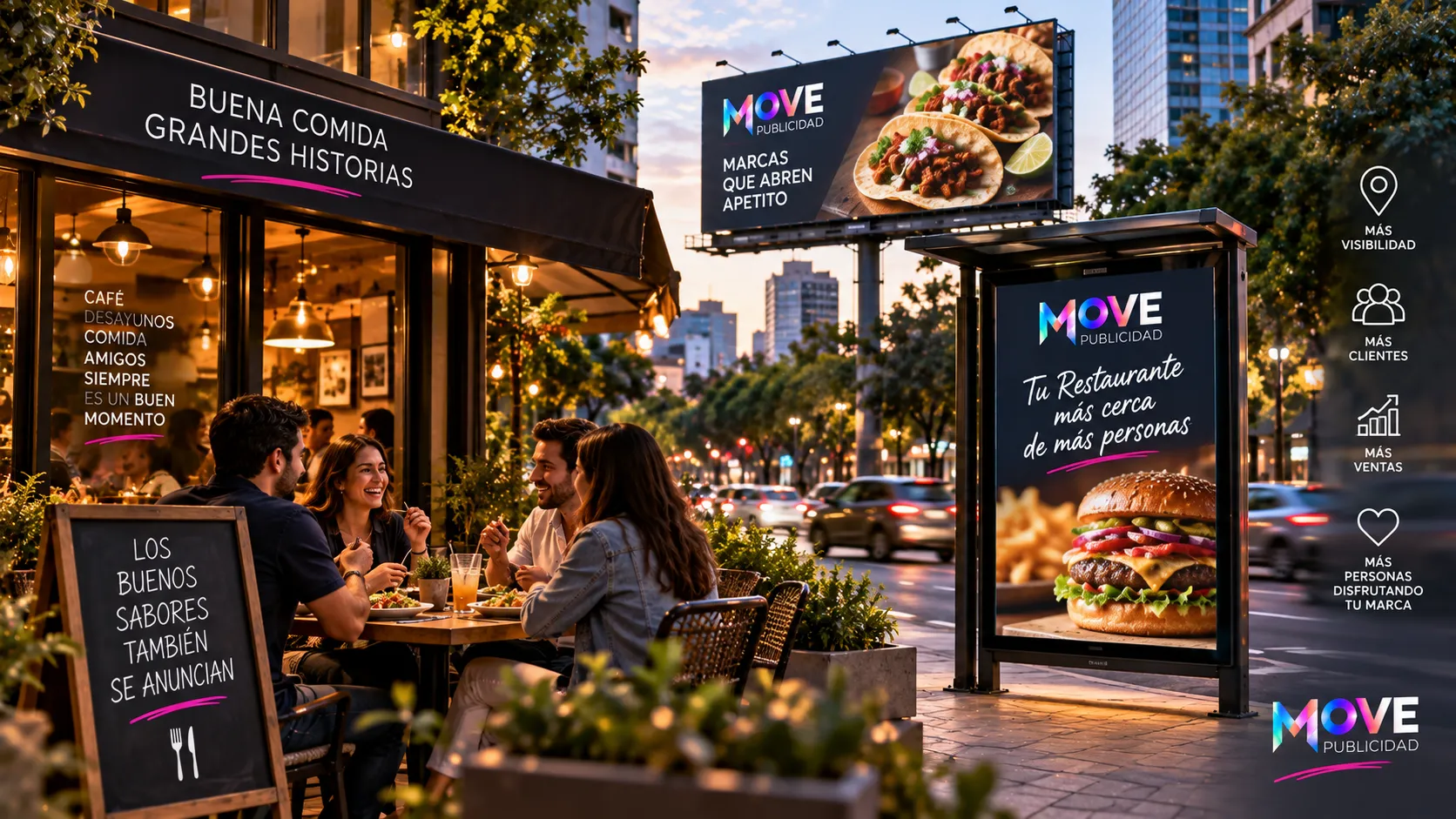 Esquina mexicana de noche con terraza de restaurante iluminada y, enfrente, parabús con panel encendido y pantalla LED: sistema OOH de 3 capas