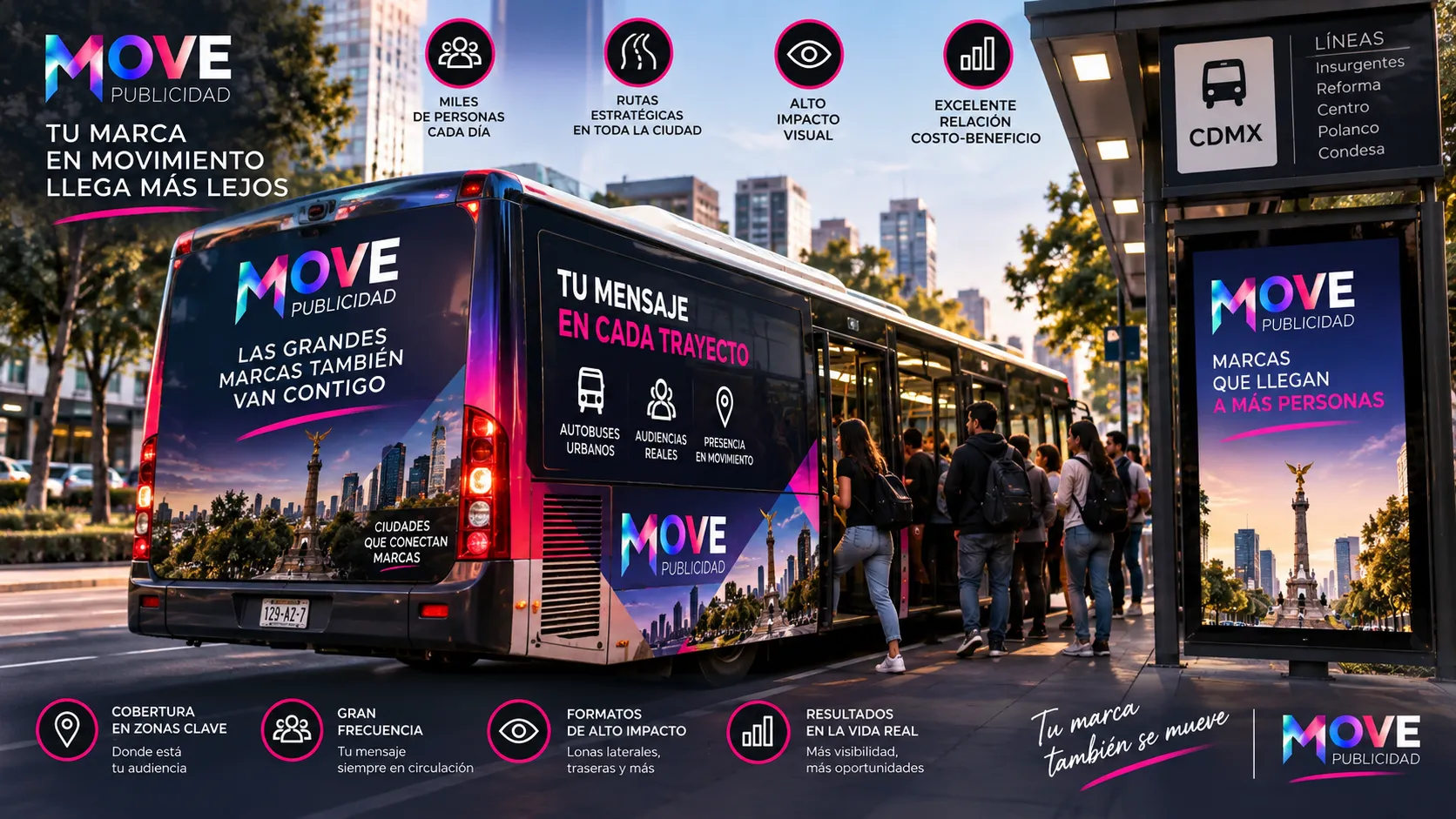 Autobús urbano en México con publicidad exterior full wrap circulando por avenida principal al atardecer