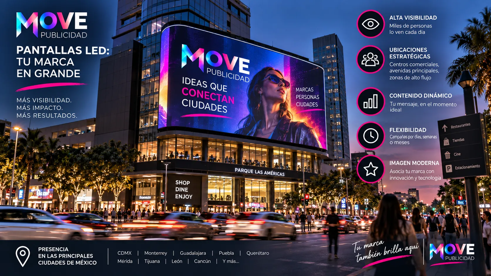Pantallas LED publicitarias nocturnas en avenida de ciudad mexicana mostrando creativos distintos por horario: concepto DOOH de rotación por franja