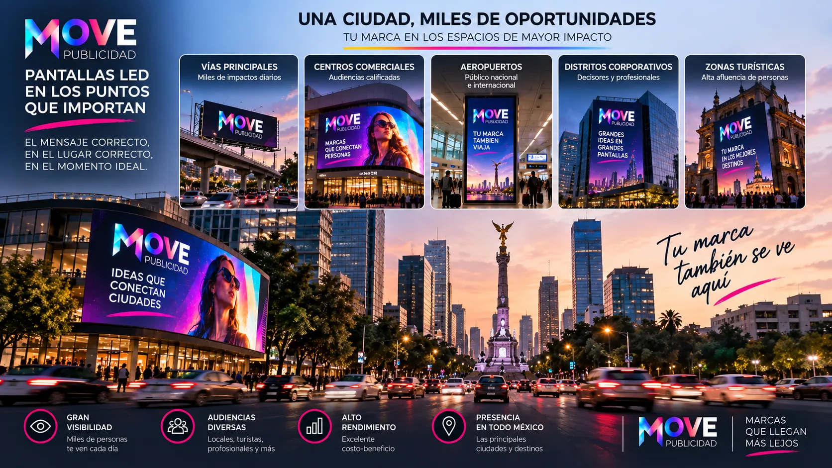Valla móvil circulando por avenida comercial y valla fija instalada en cruce semaforizado: comparativa de formatos de publicidad exterior en México