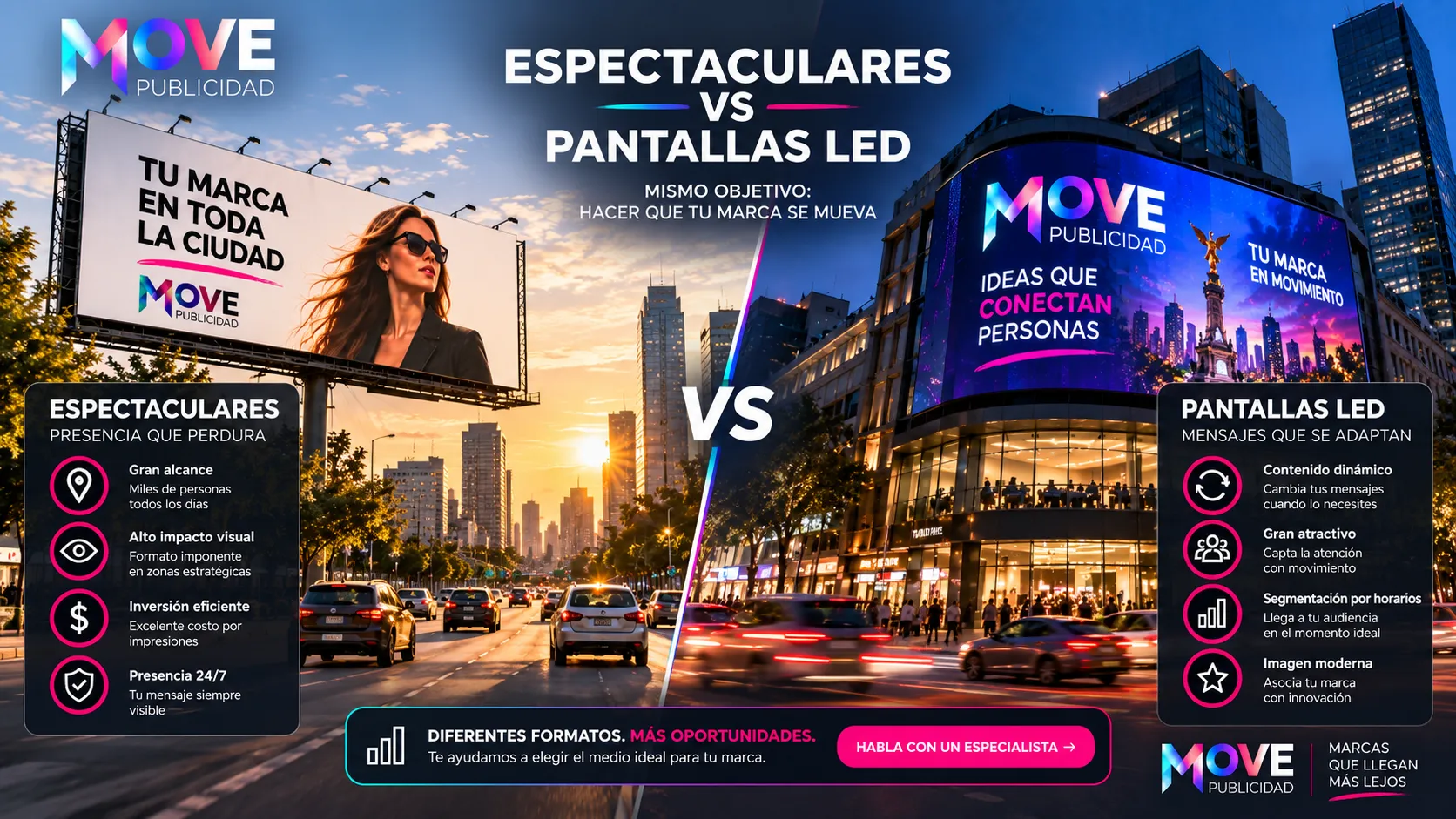 Comparativa espectacular vs pantalla LED en ciudad de México: dominio visual estático 24/7 vs impacto dinámico nocturno