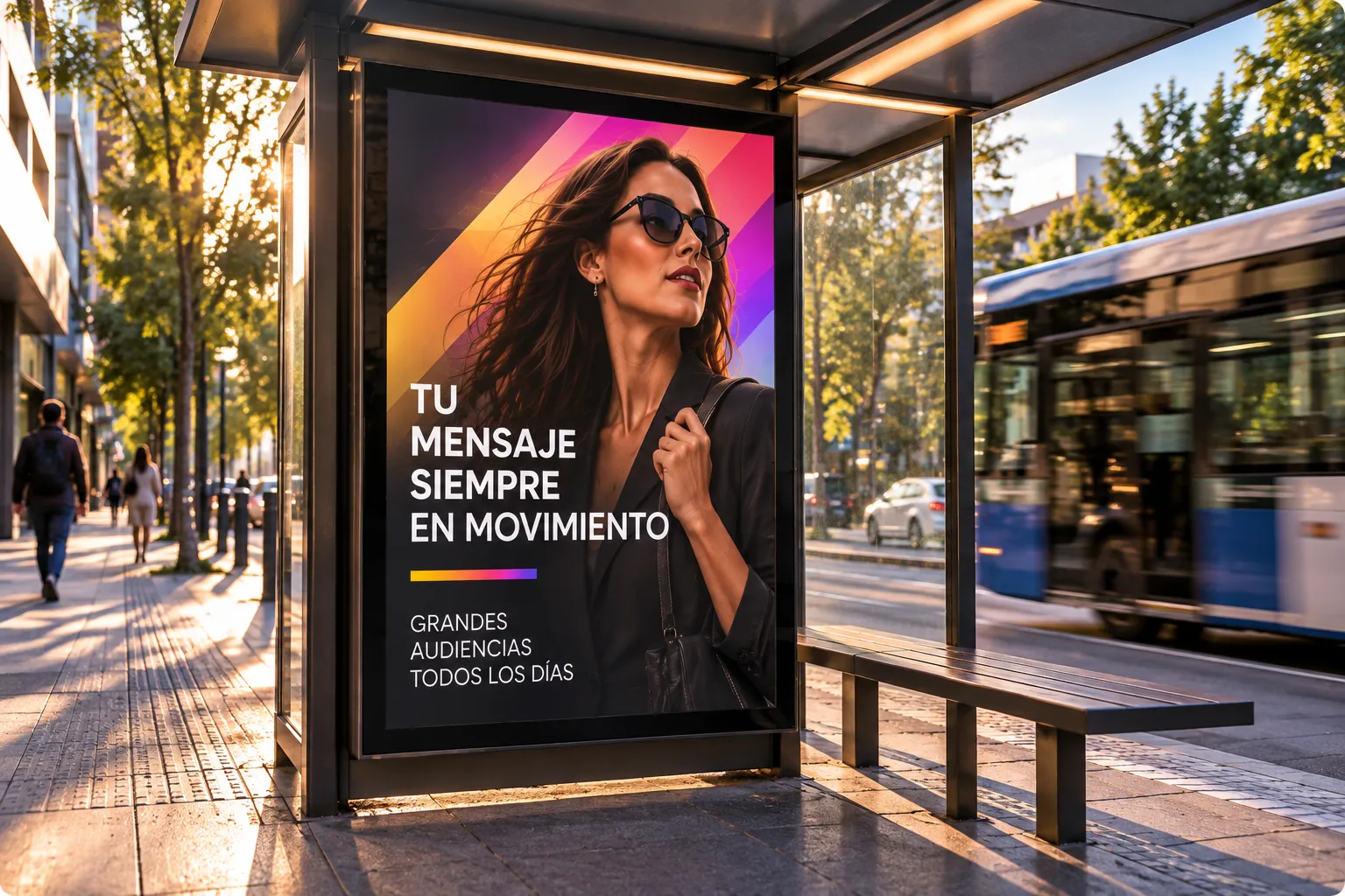Parabús con panel publicitario iluminado Move Publicidad en paradero urbano, formato para campañas en Aguascalientes