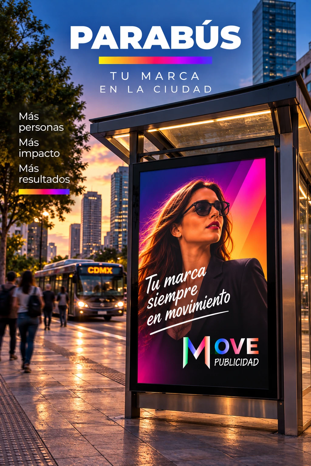 Parabús con panel publicitario iluminado Move Publicidad en paradero urbano, formato para campañas en Tamaulipas