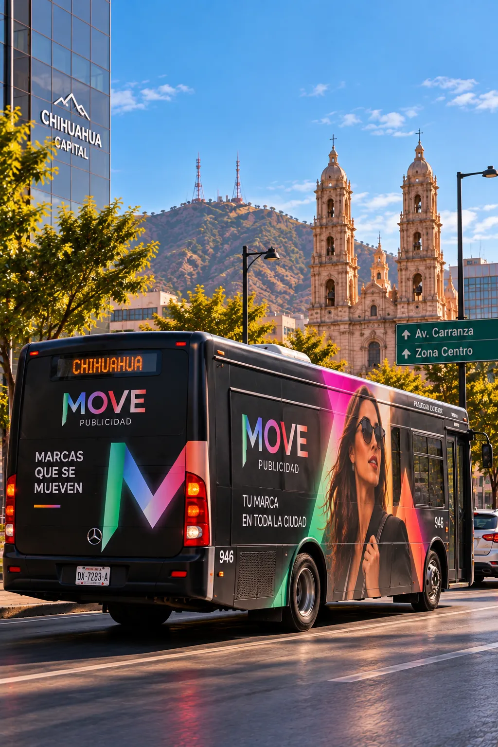 Autobús de transporte público Vivebús Chihuahua con publicidad lateral