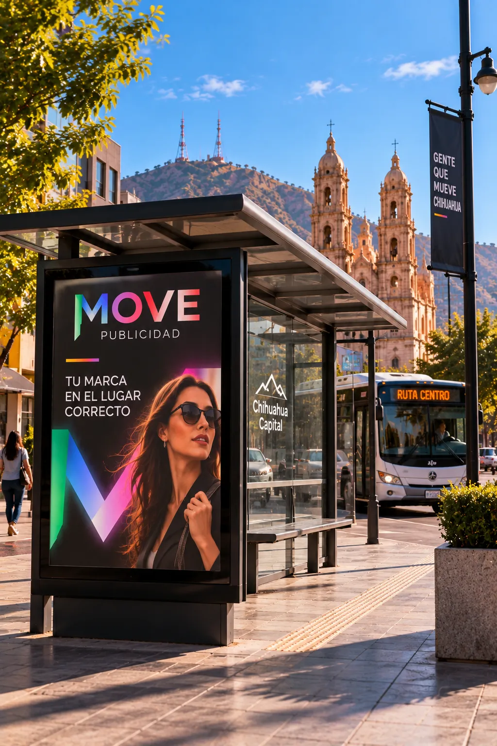 Parabús iluminado en avenida Universidad Chihuahua con panel publicitario