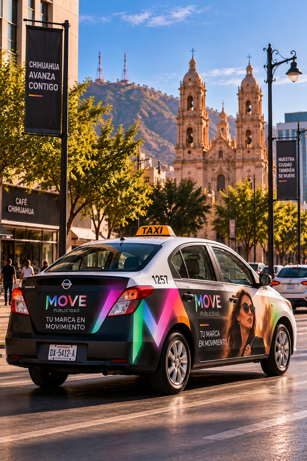 Taxi con publicidad exterior circulando en centro histórico de Chihuahua